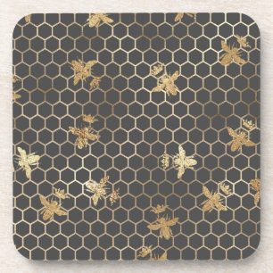 Gold Queen Bees and Honeycomb on Grey Coaster