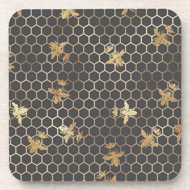 Gold Queen Bees and Honeycomb on Grey Coaster (Front)