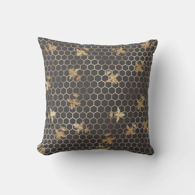 Gold Queen Bees and Honeycomb on Grey Throw Pillow (Front)