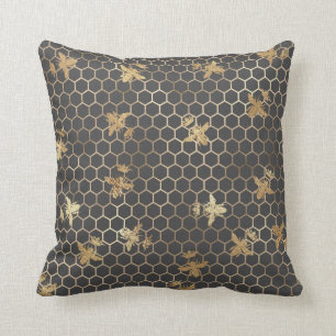 Gold Queen Bees and Honeycomb on Grey Throw Pillow