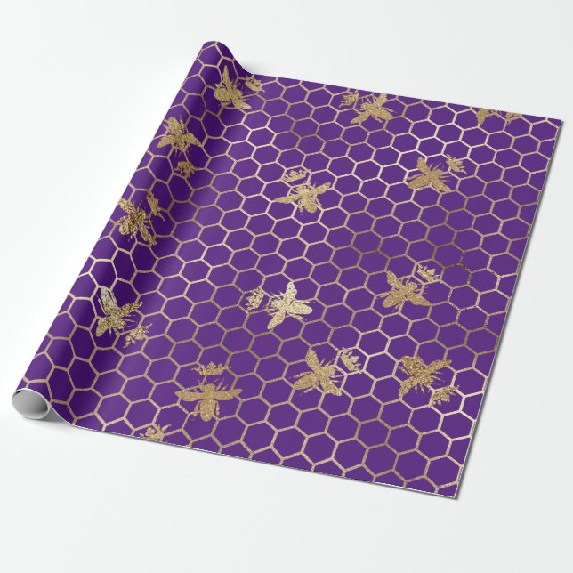 Gold Queen Bees and Honeycomb on Purple Wrapping Paper (Unrolled)