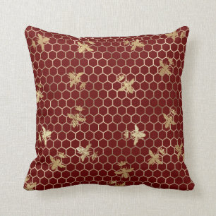 Gold Queen Bees and Honeycomb on Red Throw Pillow