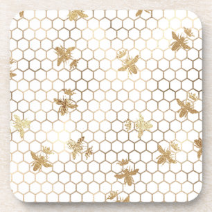 Gold Queen Bees and Honeycomb on White Coaster