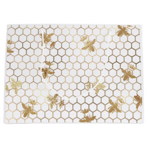 Gold Queen Bees and Honeycomb on White Large Gift Bag