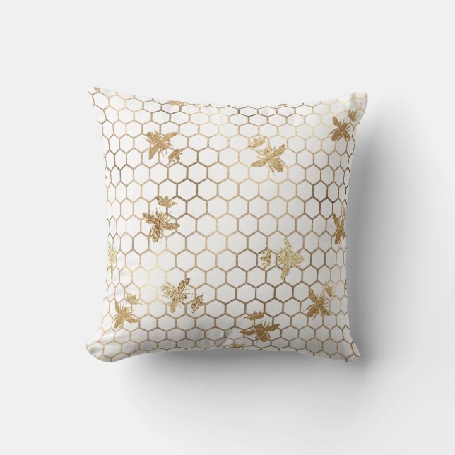 Gold Queen Bees and Honeycomb on White Throw Pillow (Front)