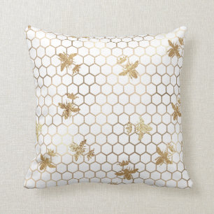Gold Queen Bees and Honeycomb on White Throw Pillow