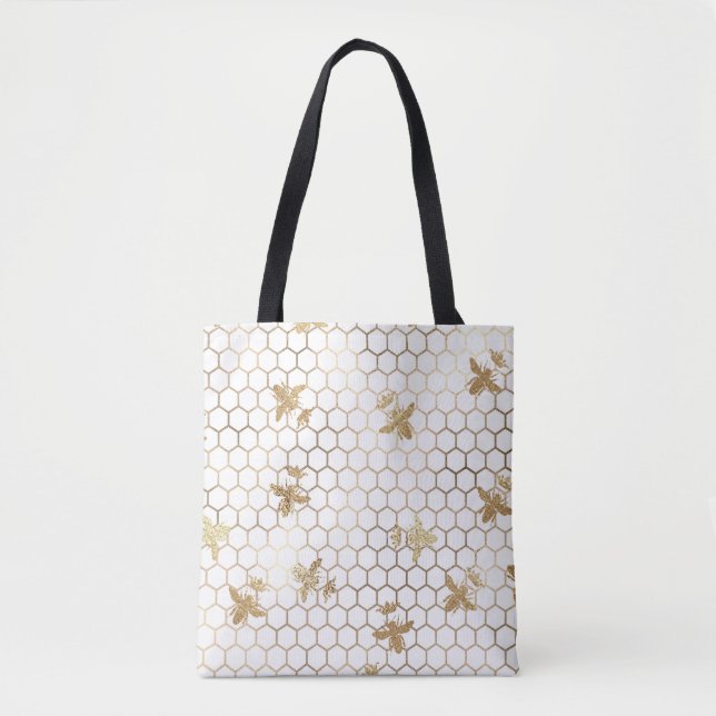 Gold Queen Bees and Honeycomb on White Tote Bag (Front)