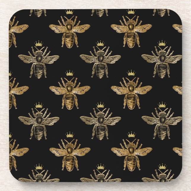 Gold Queen Bees on Black Coaster (Front)