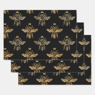 Gold Queen Bees on Black Wrapping Paper Sheet