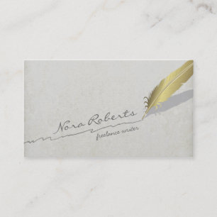 Gold Quill Feather Pen Handdrawn Line on Old Paper Business Card