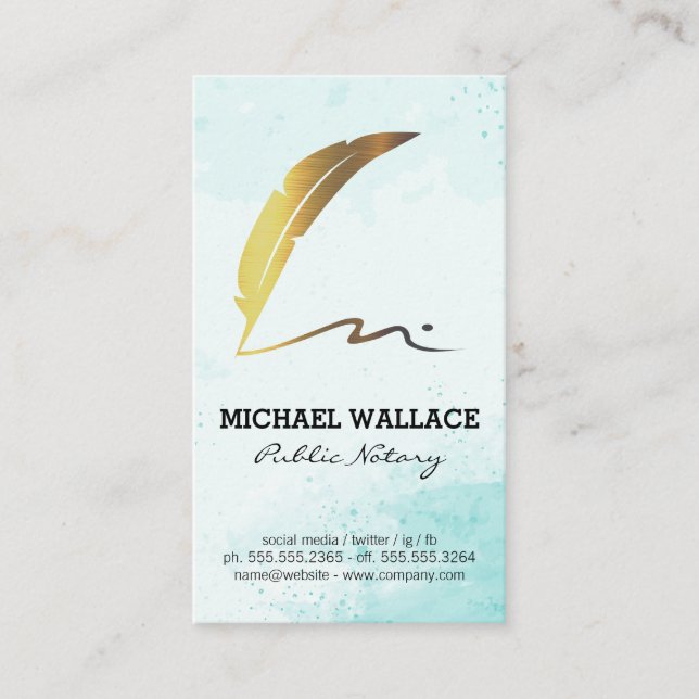 Gold Quill Feather Pen Scribble Logo | Watercolor Business Card (Front)