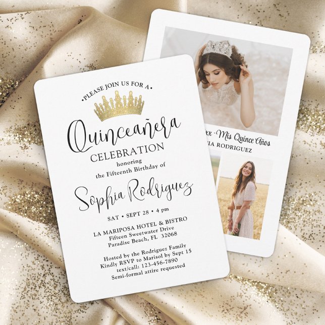 Gold Quinceañera Crown 3 Photo Modern Black White Invitation (Creator Uploaded)