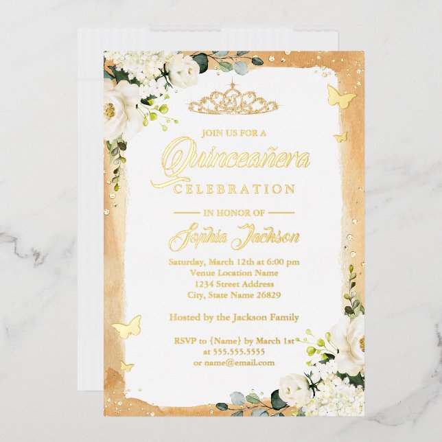 Gold Quinceanera Floral Sparkle Tiara Birthday  (Envelope)