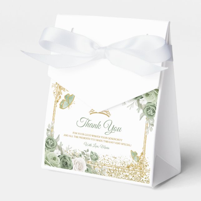 Gold Quinceañera Sage Green Crown Butterfly Favor Box (Front Side)