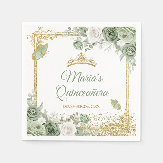 Gold Quinceañera Sage Green Crown Butterfly Paper Napkin (Front)
