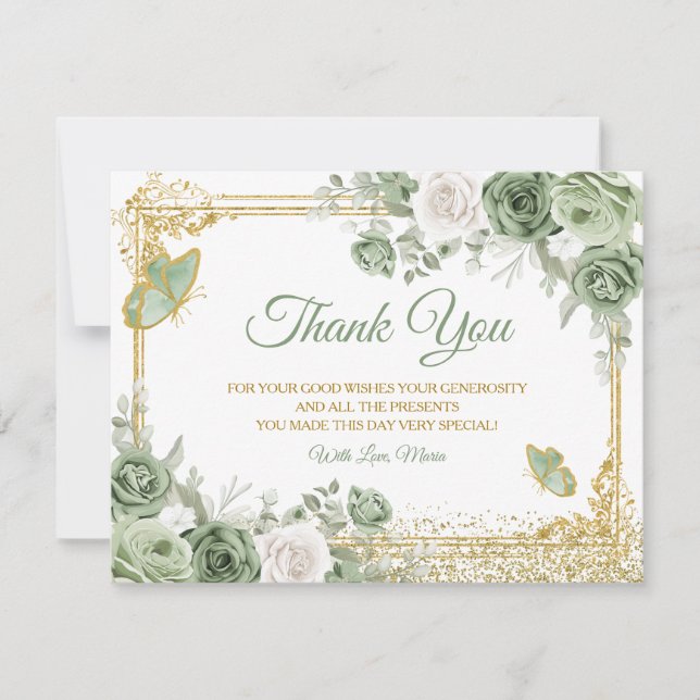 Gold Quinceañera Sage Green Crown Butterfly Thank You Card (Front)