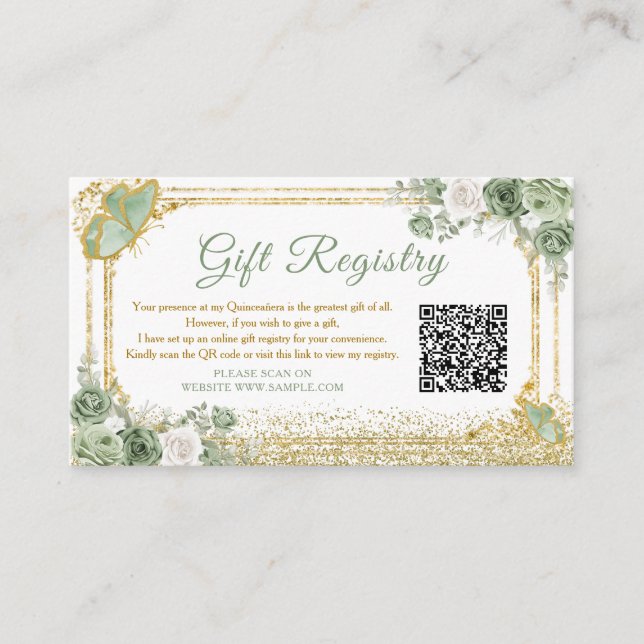 Gold Quinceañera Sage Green Crown Gift Registry Enclosure Card (Front)
