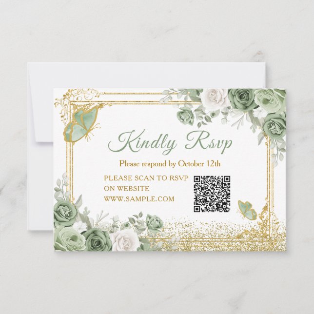 Gold Quinceañera Sage Green Crown QR Rsvp Card (Front)