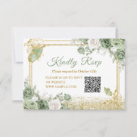Gold Quinceañera Sage Green Crown QR Rsvp Card
