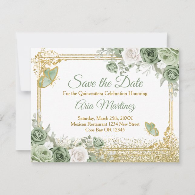 Gold Quinceañera Sage Green Crown Save the Date Thank You Card (Front)
