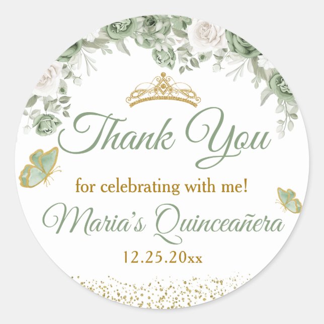 Gold Quinceañera Sage Green Crown Thank You Classic Round Sticker (Front)