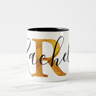 Gold 'R' Monogram w/ Personalized Name Two-Tone Coffee Mug