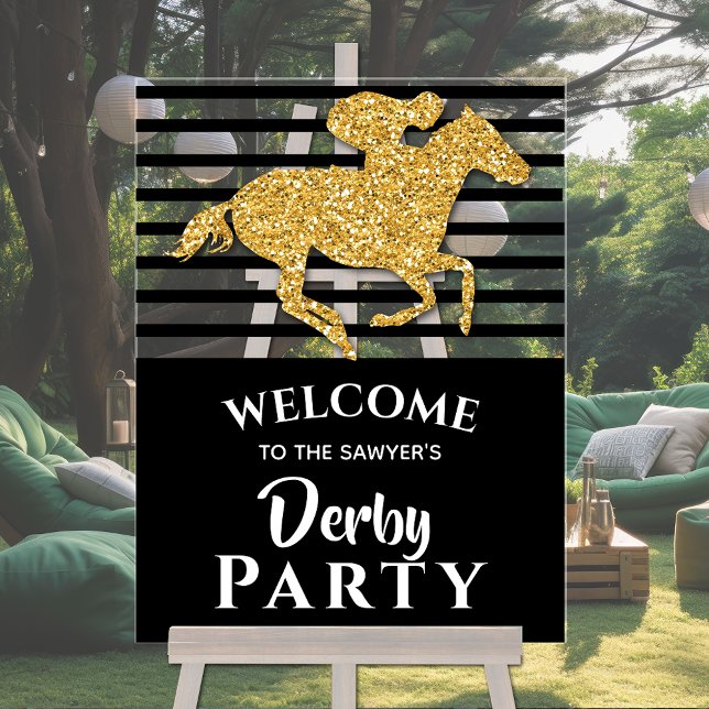 Gold Racehorse Black Stripes Derby Welcome Acrylic Sign (Gold racehorse on black stripes derby party acrylic welcome sign)