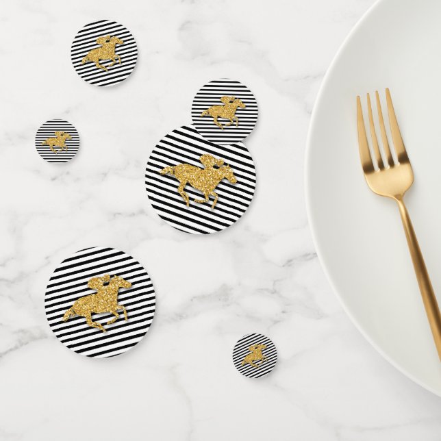 Gold Racehorse on Black & White Stripes Confetti (Group)