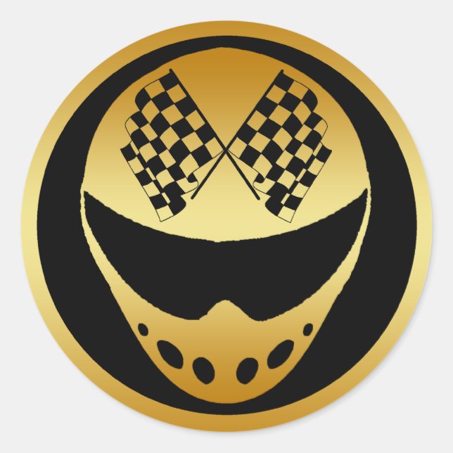 GOLD RACING HELMET WITH CHECKERED FLAGS CLASSIC ROUND STICKER (Front)