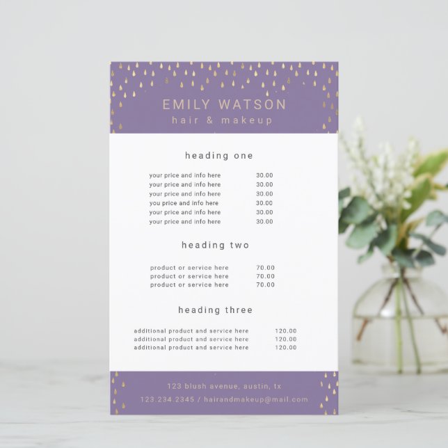 Gold Rain Drops Faux Foil Service and Price Flyer (Standing Front)
