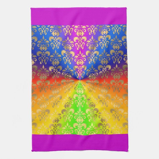 Gold rainbow damask kitchen towel (Vertical)