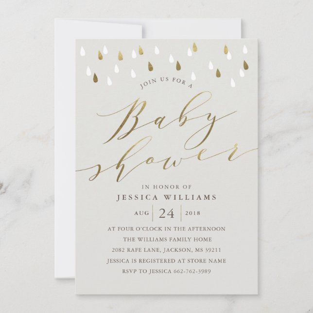 Gold raindrops snd script baby shower invitation g (Devant)