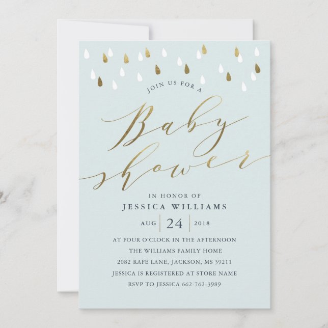 Gold raindrops snd script baby shower invite blue (Front)