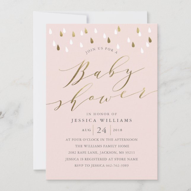 Gold raindrops snd script baby shower invite pink (Front)