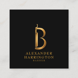 Gold Razor B Barber Shop Logo Hair Stylist Square Business Card