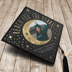 Gold Reach for the Stars Moon Tarot Photo Graduation Cap Topper