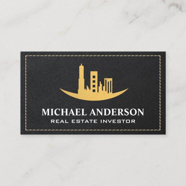 Gold Real Estate Architecture | Leather Stitched  Business Card (Front)