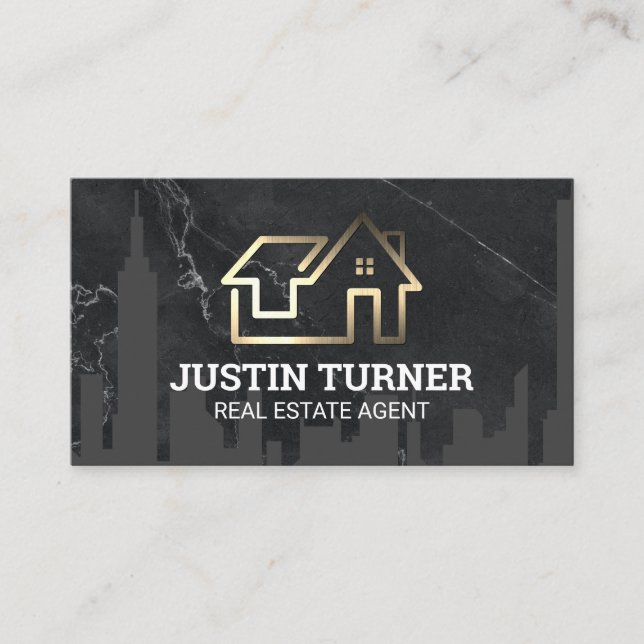 Gold Real Estate Logo | City Skyline | Marble  Business Card (Front)