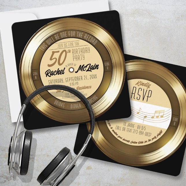 Gold Record Retro 50th Birthday Party Invitation (Fun unique retro black and gold music record 50th birthday party celebration square invitation A B)