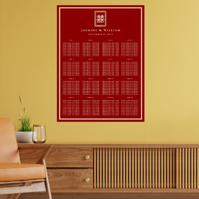 Gold Rectangle 囍 Chinese Wedding Red Seating Chart (Living Room 2)