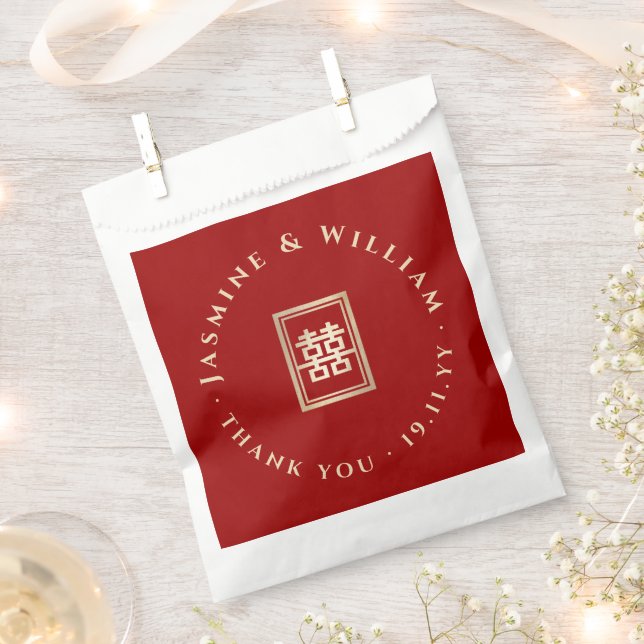 Gold Rectangle Double Happiness Chinese Wedding Favour Bag (Clipped)