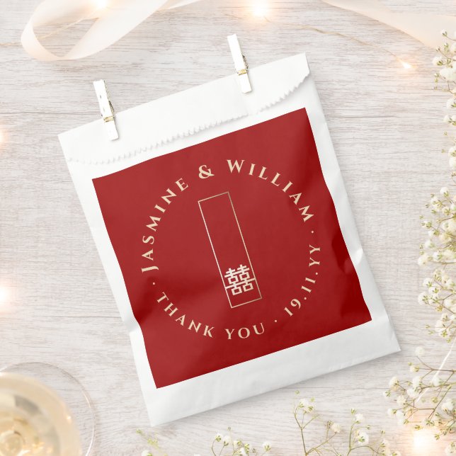 Gold Rectangle Double Happiness Chinese Wedding Favour Bag (Clipped)