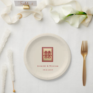 Gold Rectangle Double Happiness Chinese Wedding Paper Plate