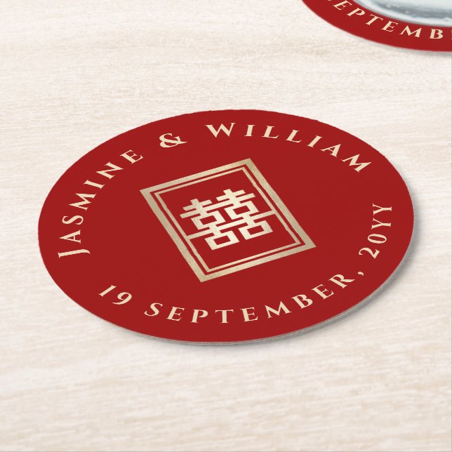 Gold Rectangle Double Happiness Chinese Wedding Round Paper Coaster (Angled)
