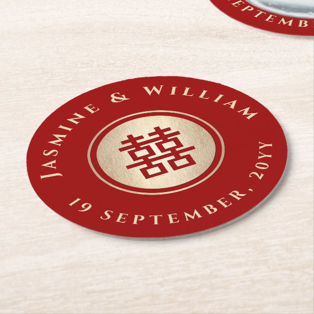 Gold Rectangle Double Happiness Chinese Wedding Round Paper Coaster (Angled)