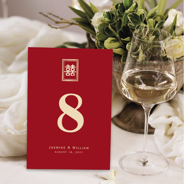 Gold Rectangle Double Happiness Chinese Wedding Table Number (Creator Uploaded)