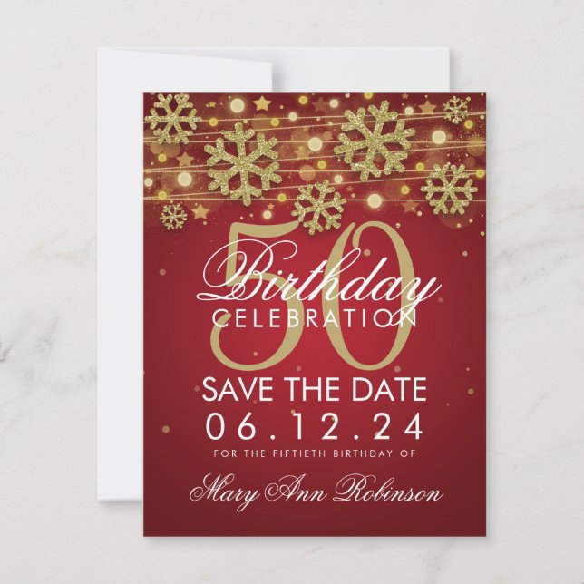 Gold Red 50th Birthday Save Date Winter Save The Date (Front)
