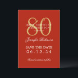 Gold Red 80th Birthday Save the Date Details Invitation<br><div class="desc">Elegant "80th Birthday Party" design with a formal typography script,  custom name and details text. Easy to use and easy to personalize. Order Today!</div>