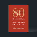 Gold Red 80th Birthday Save the Date Details Invitation<br><div class="desc">Elegant "80th Birthday Party" design with a formal typography script,  custom name and details text. Easy to use and easy to personalize. Order Today!</div>