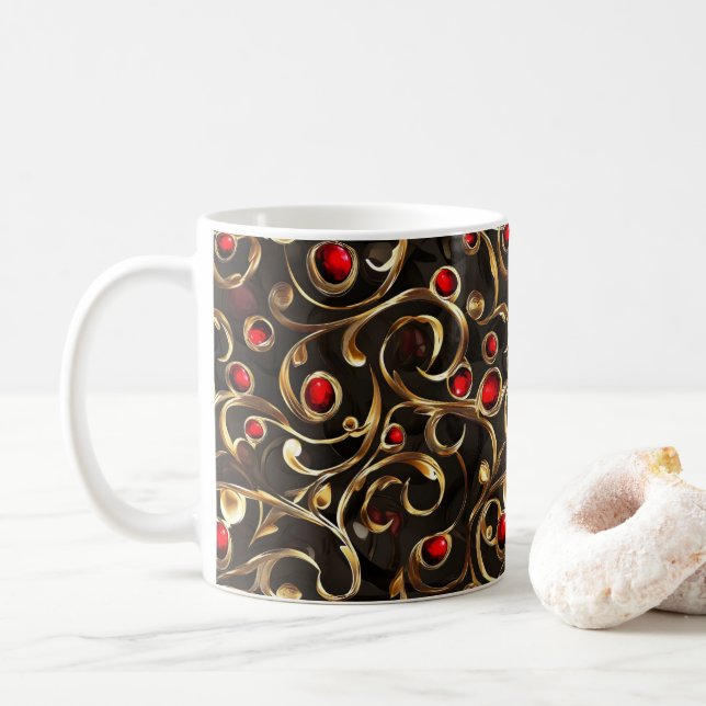 Gold Red Abstract Pattern Coffee Mug (With Donut)